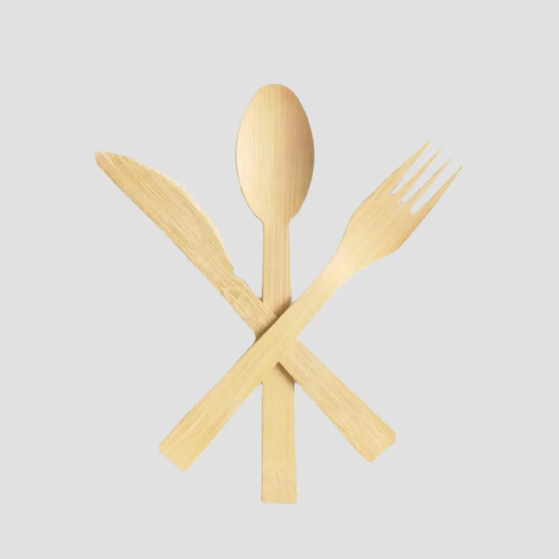 Disposable bamboo cutlery set with fork, knife and spoons