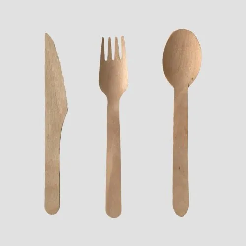 Disposable wooden fork, knife and spoon in natural birch