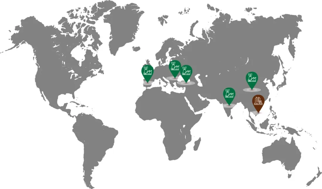 Map of Direct Eco Green partner factories in Asia and Europe