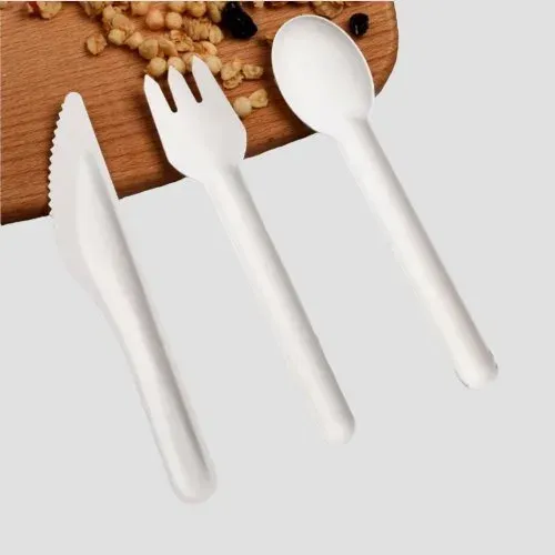 Disposable bagasse fork, knife and spoon in off-white