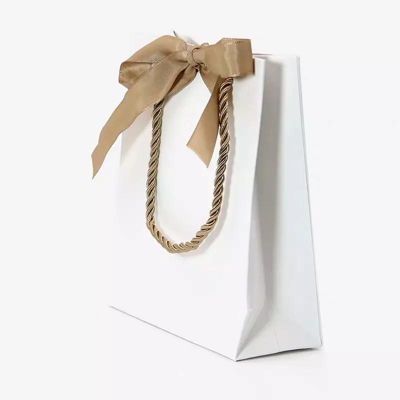 Medium White Paper Bags Gold Ribbon Handles